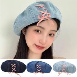 Berets Sweet Denim Bow Women Cotton Breathable Pink Bowknot Octagonal Hat Girls Korean Cute Retro Versatile Painter Headwear