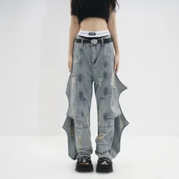 Women's Jeans Splicing Straight 2024 High Street Female Fashion Gothic Clothing Y2K Streetwear Wide Leg Baggy Pants Harajuku Woman