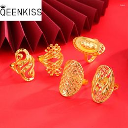 Cluster Rings QEENKISS 24KT Gold Hollow Flower Open Ring For Women Fine Wholesale Jewellery Wedding Party Bride Ladies Girl Mother Gift RG5178