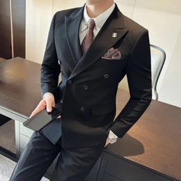 Men's Suits (Jackets Vest Pants) Business Double-Breasted Male Slim Fit Solid Colour Groom's Wedding Dress Man Fashion Tuxedo 7XL