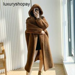 Maxmaras Coat Teddy Bear Womens Cashmere Coats Wool Winter 2024 Autumnwinter New m Family with Hat Mid Length Grain Sheep Camel Fu