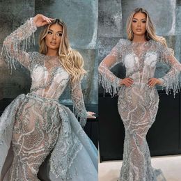 Rhinestone Beading Elegant Tassel Prom Dresses Crystal Full Sleeve Saudi Arabic Women Mermaid Evening Gowns