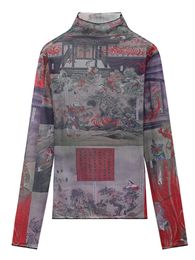 Autumn Women Chic Japanese Y2k Fashion Vintage Cyber Punk Graphic Gauze T-Shirts Tees Long Sleeve Tops Gyaru 2000s Aesthetic 240425