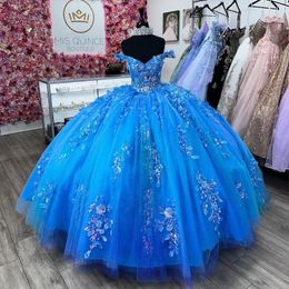 Blue Sequined Off The Shoulder Appliques Lace Beading Shiny Crystal Tull Ball Gown Quinceanera Dresses Corset Vestidos De 15 Anos