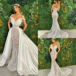 Dresses Detachable Skirt With Mermaid Lace 3D Floral Appliqued Country Wedding Dress Satin Custom Made Vestidos De Novia