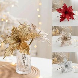 Decorative Flowers 25cm Glitter Large Artificial Christmas Decor Sequined Fake For DIY Xmas Wedding Year Navidad Home