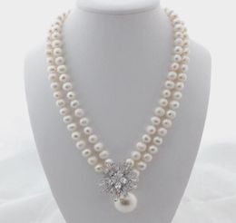 Charming 2strands 78mm white freshwater pearl necklace micro inlay zircon accessories shell pendant long 4548cm4960016