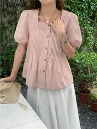 Women's Blouses Summer Square Collar Tops Women Ruffle Fashion Sweet Ladies Korean Style Loose Pleated Woman Short Sleeve