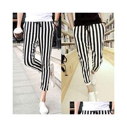 Mens Pants Wholesale-Men Black And White Casual Leggings Zebra Print Vertical Stripe Slim Fit Trousers Drop Delivery Apparel Clothing Otfik