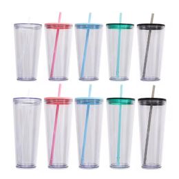 Reusable 16oz 24oz Plastic Tumbler Double Wall Insulated Transparent Acrylic Cup Mugs Classic Travel Drinking Juice Beverage Sippy Cups With Lids And Straws 5 Colour