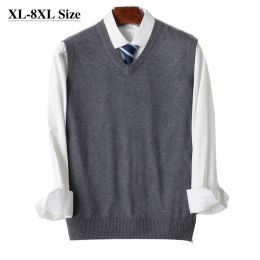 Sweaters 8XL 7XL 6XL Knit Vest Men's Loose Vneck Sleeveless Sweater Solid Colour Business Casual Autumn Winter Pullover AllMatch Clothes