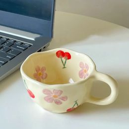 Ceramic Mugs Coffee Cups Hand Pinched Irregular Flower Milk Tea Cup Ins Korean Style Oatmeal Breakfast Mug Drinkware Kitchen y240424