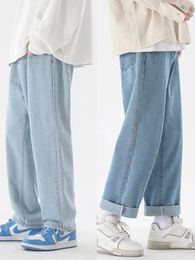 Korean Fashion Mens Casual AnkleLength Jeans Classic Man Straight Denim Wideleg Pants Light Blue Grey Black 3XL 240418