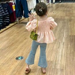 Clothing Sets Spring And Autumn Korean Version Girls' Set Children's Bubble Sleeve Blouse Shirt Denim Flare Pants 2 PCS