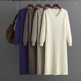 Casual Dresses Women Long Sleeve V Neck Twist Knitting Sweaters Dress Pullover Loose Solid Colour Slight Strech Autumn Winter