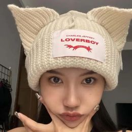 Cat Ear Knit Hat Doublelayer Warm Lover Boy Pig Woollen Cute Fashion Hooded Cap Niche Hiphop Personality Winter 240417