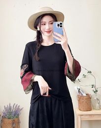 Ethnic Clothing 2024 National Flower Embroidery O-neck Shirt Traditional Vintage Hanfu Tops Retro Lace Sleeve Base Streetwear