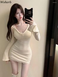 Casual Dresses Lace Patchwork Dress Women Clothing V-neck Long Sleeve Tunic Robe Femme 2024 Vestidos De Mujer Fashion Sexy Bodycon Mini