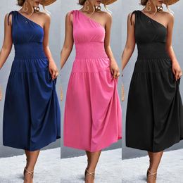 Casual Dresses Women Solid Color Dress Single Shoulder Lace-up Sleeveless Fold Design Street Elegant Waist