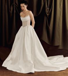 A Line Satin Wedding Dress 2024 Strpless Packets Transparent Lace Bones Pleat Formal Bridal Gowns Bride Vestidos De Novia robe de mariee