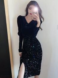 Casual Dresses 2024Velvet Patchwork Sequins Luxury Midi Dress Autumn Winter Thick Warm Women Korean Vintage Black Party Night