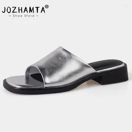Slippers JOZHAMTA Size 34-39 Slides Sandals Women Summer 2024 Mid Heels Shoes Woman Chunky Genuine Leather Casual Beach Mules