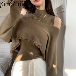 Work Dresses Kimotimo Sweater Two Piece Sets Women Retro Tassel Long Sleeve Short Pullover Half High Collar Tight Slim Knit Vest Autumn 2024