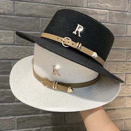 Summer Flat Top Straw Hats for Women Metal R Letter Fashionable Beach Sun Hat Females Elegant Holidays Boater 240425