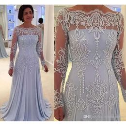 Chiffon A-Line Mothers Scoop Elegant Pearls Beads Lace Appliques Illusion Long Sleeves Mother of the Bride Dresses Evening Gown CG001