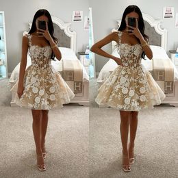 Light champagne lace cocktail Dresses straps appliqued short prom Dress bone bodice Mini Party Gowns a line homecoming graduation dress