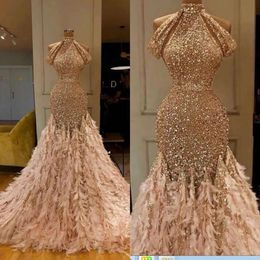 Feather Mermaid Evening Sequins Newest Glitter Champagne High Neck Lace Formal Party Gowns Custom Made Long Prom Dresses