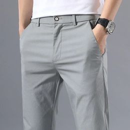 Mens Thin Pants Solid Colour Smart Casual Business Fit Body Stretch Trousers Men Cotton Formal Breathable 240424