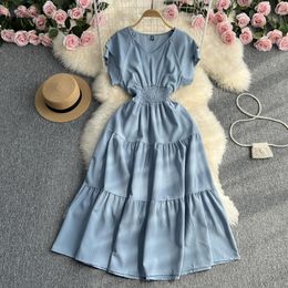 French Gentle Style Pleated Collar Dress For Women Summer Simple Solid Color Double Layer Flying Sleeve Design Platycodon