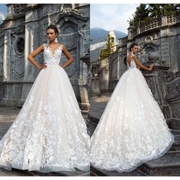 Wedding 2020 Dresses A-Line Applique Sheer Neck Backless Sleeveless Lace Bridal Gown With Court Train Vestido De Noiva