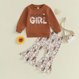 Clothing Sets Toddler Infant Born Girl Autumn Clothes Letter Print Children Long Sleeve Sweatshirt Cattle Pattern Flare Pants Outfit