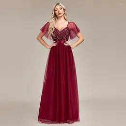 Party Dresses Burgundy Long Elegant 2024 Evening Dress A Line Shiny Sequins Tulle Backless Women Gowns For Prom In Stock