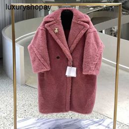 Maxmaras Coat Teddy Bear Womens Cashmere Coats Wool Winter 2024 Raspberry Pink Fur Particle Camel Fleece Medium Len