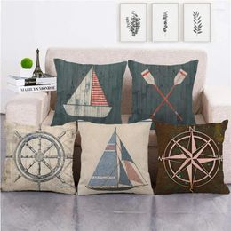 Pillow 45cm Cartoon Sailboat Retro Nautical Drawing Linen/cotton Throw Covers Couch Cover Home Decor Pillowcase