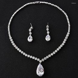 Necklace Earrings Set Exquisite Circular Chain Water Drop Pendant Cubic Zirconia Crystal Costume Earring For Women Luxury Bridal Jewelry