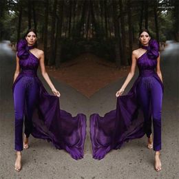 Party Dresses Elegant Purple Jumpsuit Evening Dress 2024 Sexy One Shoulder Pant Suit Overskirt Train