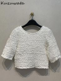 Women's Blouses Kuzuwata Sweet U Collar Half Sleeve Loose Shirt Slim Fit All-match Pullover Simple Japan Moda Pleated Elegant Blusas