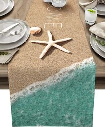 Table Cloth Ocean Beach Starfish Seashell Linen Runner Summer Theme Dresser Scarf Decor Kitchen Dining Room Wedding Party