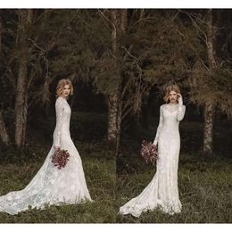 Long Bohemian Sleeve Lace Elegant Wedding 2020 Sheer Neck Full Back Floor-Length A-Line Country Bridal Dresses Cheap Gown