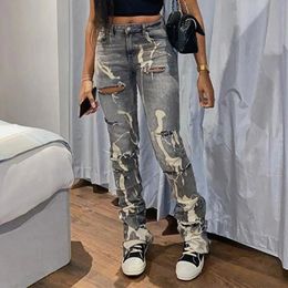 Y2K Retro Sifreyr Ripped Hole Jeans Women Fashion Print High Waist Skinny Stacked Denim Pants Grey Streetwear Elastic Trousers 240426