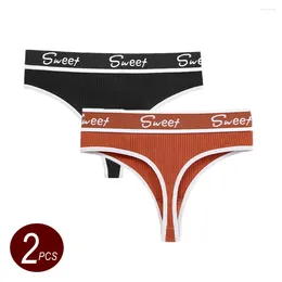 Women's Panties 2PCS "Sweet" Plus Size Thongs Ribbed Cotton Women Sexy Underwear Fitness Sports Ladies Breathable Comfortable T-back Tangas