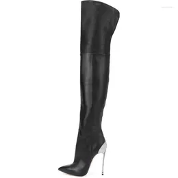 Boots Sexy Metal Blade Heel Thigh Pointed Toe Black Wine Red Stretch Leather Over The Knee Slip On Slim Leg Long Botas