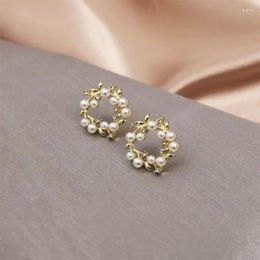 Stud Earrings Shell Flower Simulated Pearl Rhinestone Handmade Fashion Jewelry Round For Women Gift