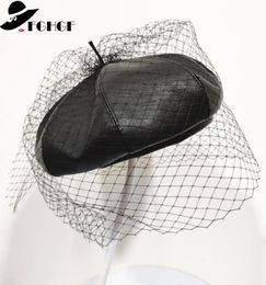 2020 New Fascinating Black Winter Hat Chic Leather French Beret with Veil Mesh Show Fashion Double Layer Women Beret Beanies Cap9822508
