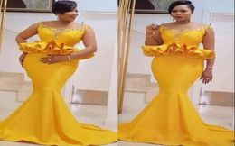 Bright Yellow Mermaid Prom Dresses Plus Size Satin Ruffles Peplum Evening Gowns Aso Ebi Sweep Train Formal Party Dress8703090