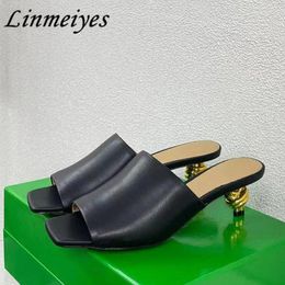 Slippers 2024 High Heels Women Genuine Leather Runway Shoes Summer Slides Woman Metal Strange Style Sandals